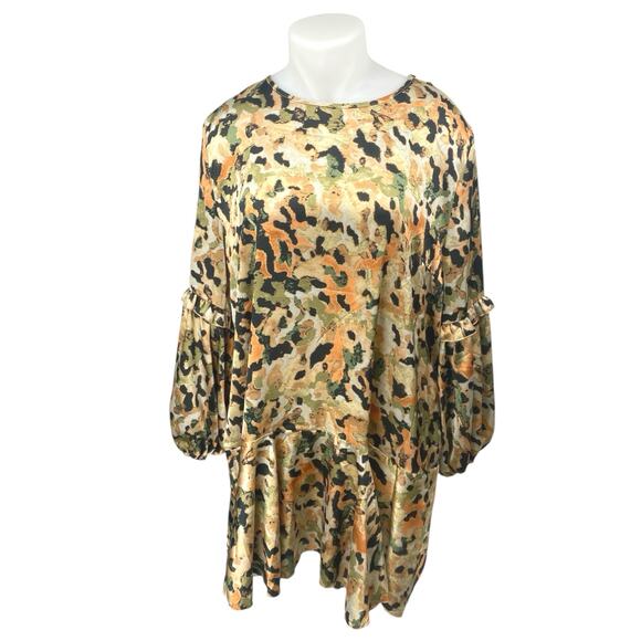 Outrageous Fortune Multicolor Satin Camo Long Balloon Sleeve Mini Shift Dress 18 - Picture 1 of 4